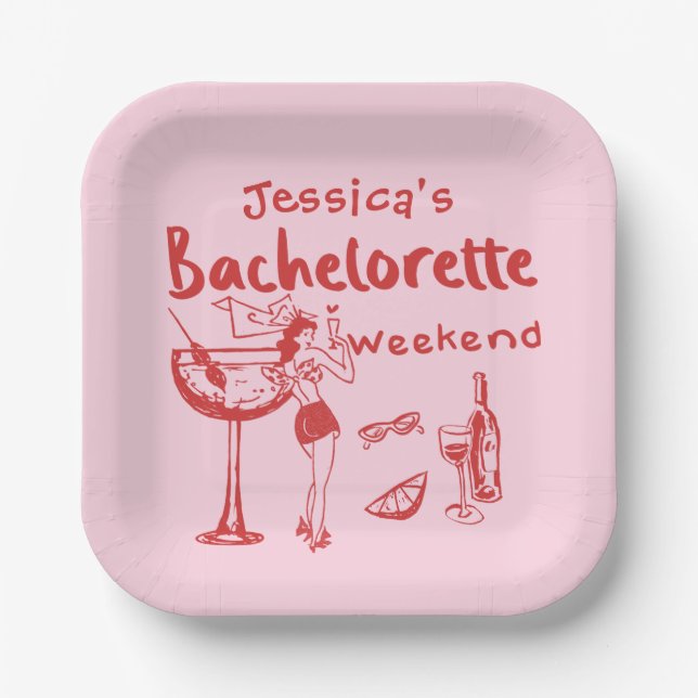 Pink Red Whimsical Beach Bachelorette Party Paper Plate (Front)