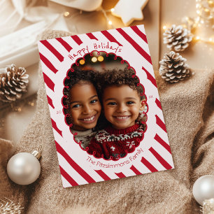 Pink & Red Whimsical Striped Holiday Photo Card