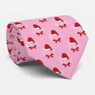 Pink Red White Santa Hat Bow Cat Christmas Tie