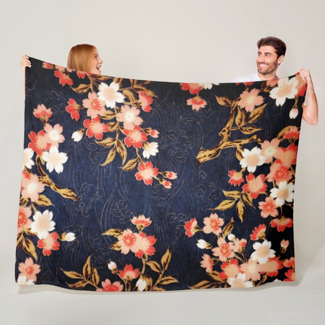 PINK RED WHITE SPRING FLOWERS , DEEP BLUE FLORAL FLEECE BLANKET (In Situ)