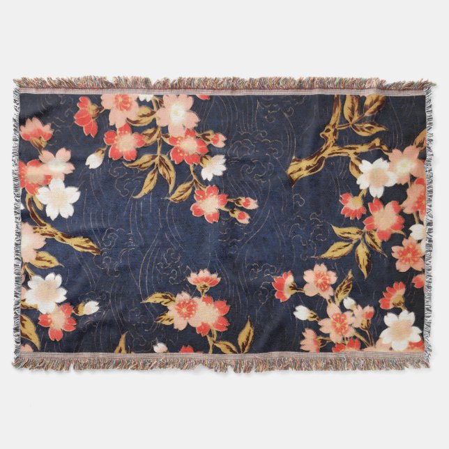 PINK RED WHITE SPRING FLOWERS , DEEP BLUE FLORAL THROW BLANKET (Front)