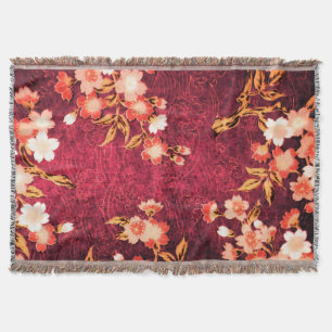 PINK RED WHITE SPRING FLOWERS ,JAPANESE  FLORAL THROW BLANKET