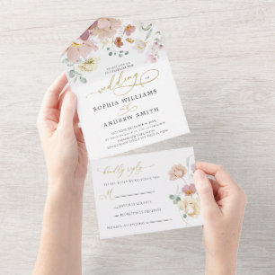 Pink & Red Wildflowers Wedding All In One Invitation