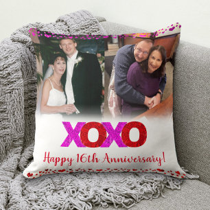 Pink Red XOXO Anniversary Then and Now Photo Chic Throw Pillow