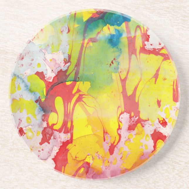 Pink Red Yellow Blue Green Marble Look Abstract Coaster (Front)
