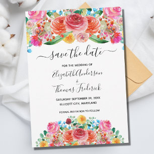 Pink Red Yellow Floral Elegant Watercolor Wedding Save The Date