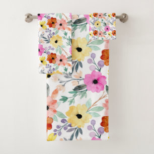 Pink, Red, Yellow Floral Flowers Watercolor Bath Towel Set