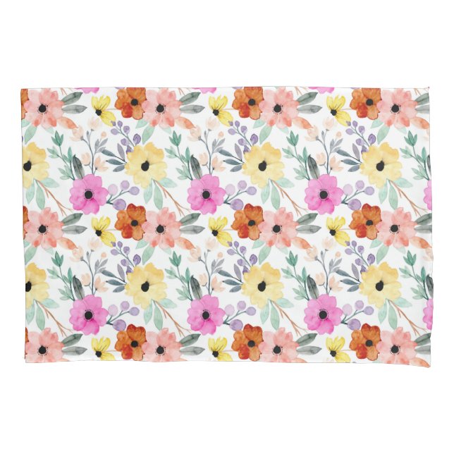 Pink, Red, Yellow Floral Flowers Watercolor  Pillowcase (Front)