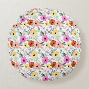 Pink, Red, Yellow Floral Flowers Watercolor Round Pillow