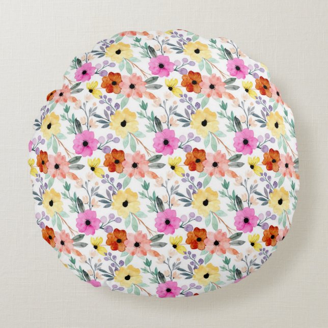 Pink, Red, Yellow Floral Flowers Watercolor  Round Pillow (Front)