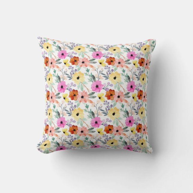 Pink, Red, Yellow Floral Watercolor Throw Pillow (Front)