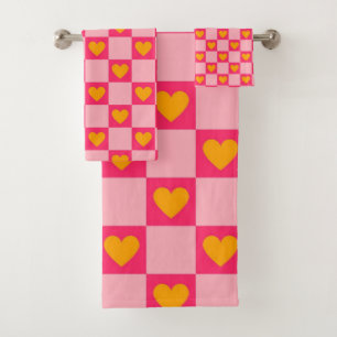 Pink Red Yellow Heart Love Chequered Y2K Pattern Bath Towel Set