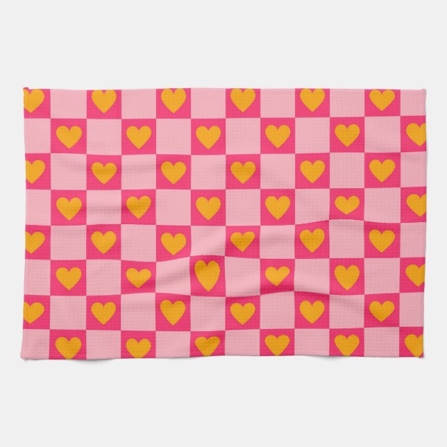 Pink Red Yellow Heart Love Chequered Y2K Pattern Kitchen Towel (Horizontal)