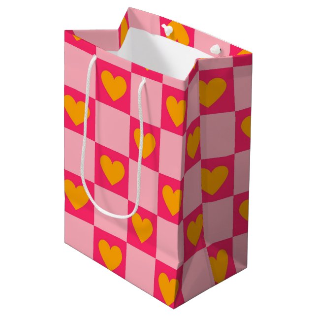 Pink Red Yellow Heart Love Chequered Y2K Pattern Medium Gift Bag (Front Angled)