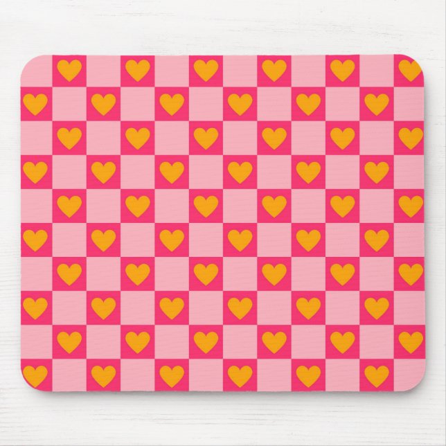 Pink Red Yellow Heart Love Chequered Y2K Pattern Mouse Pad (Front)