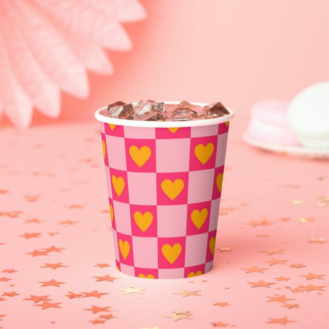 Pink Red Yellow Heart Love Chequered Y2K Pattern Paper Cups (Insitu)