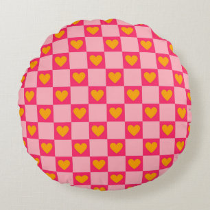 Pink Red Yellow Heart Love Chequered Y2K Pattern Round Pillow