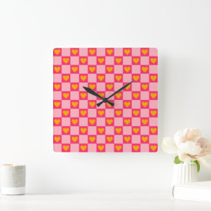 Pink Red Yellow Heart Love Chequered Y2K Pattern Square Wall Clock