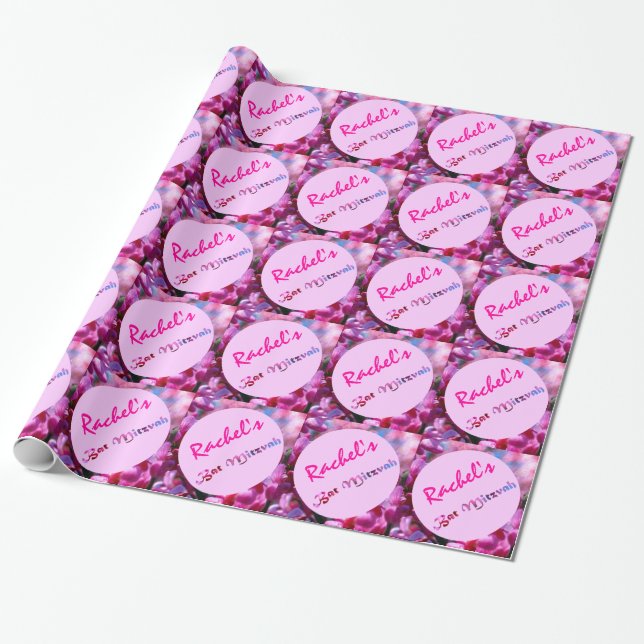 Pink Redbud Blossoms Bat Mitzvah Personalized Wrapping Paper (Unrolled)