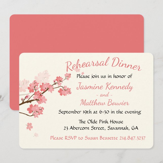 Pink Rehearsal Dinner Cherry Blossoms Flower Invitation (Front/Back)
