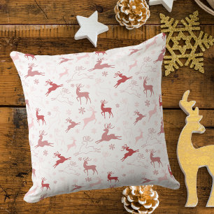 Pink Reindeer and Snowflakes Christmas Throw Pillow