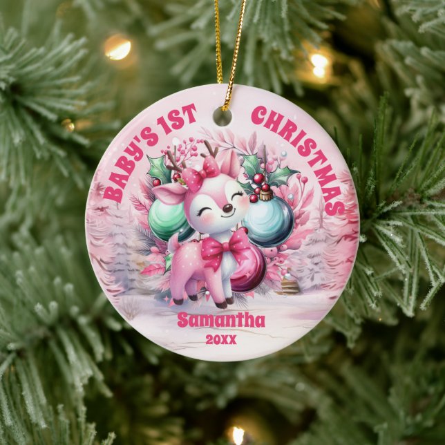 Pink Reindeer Baby 1st Christmas Photo Ornament (Tree)