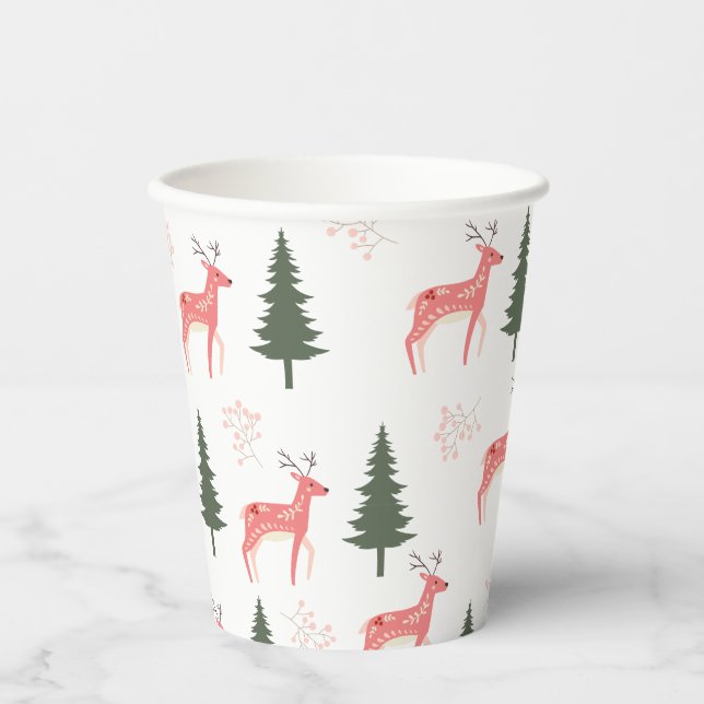 Pink Reindeer Christmas Paper Cups (Front)