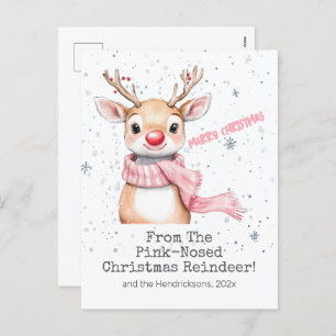 Pink Reindeer Christmas Postcard
