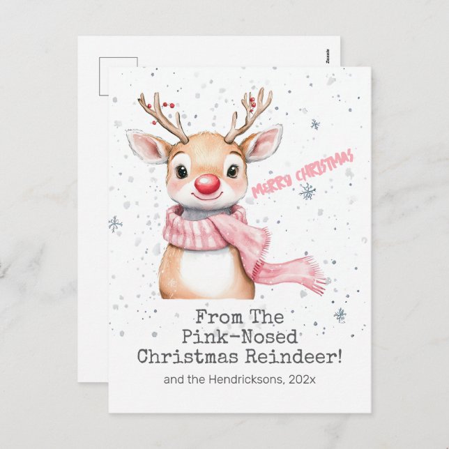Pink Reindeer Christmas Postcard (Front/Back)