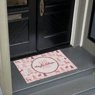 PINK REINDEER & CHRISTMAS TREES CUSTOM MONOGRAM DOORMAT