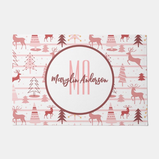PINK REINDEER & CHRISTMAS TREES CUSTOM MONOGRAM DOORMAT (Front)