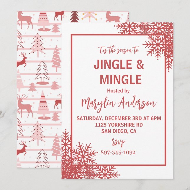 PINK REINDEER & CHRISTMAS TREES CUSTOM MONOGRAM  INVITATION (Front/Back)