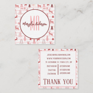 PINK REINDEER & CHRISTMAS TREES CUSTOM MONOGRAM  SQUARE BUSINESS CARD
