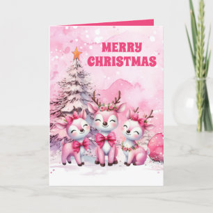 Pink Reindeer Merry Christmas Greeting Card
