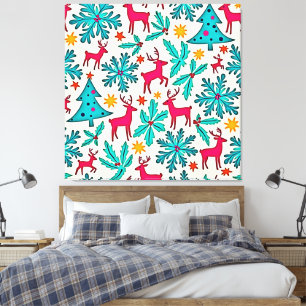 Pink Reindeer Teal Tree Pattern Design Canvas Print