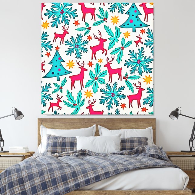 Pink Reindeer Teal Tree Pattern Design Canvas Print (Insitu(Bedroom))