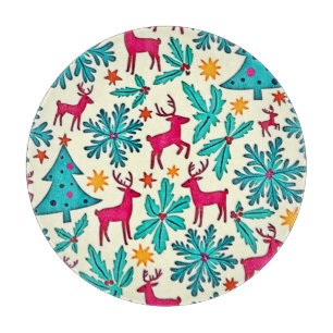 Pink Reindeer Teal Tree Pattern Design Cutting Board