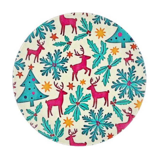 Pink Reindeer Teal Tree Pattern Design Cutting Board (Front)