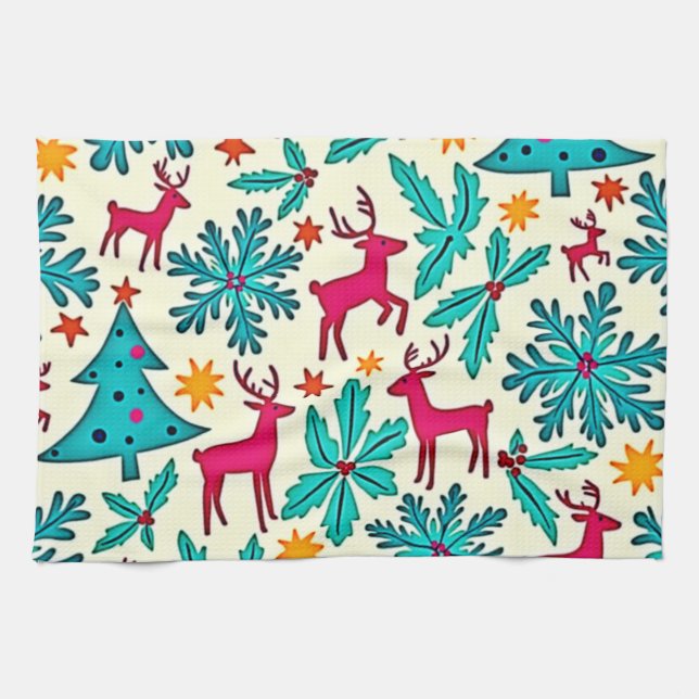 Pink Reindeer Teal Tree Pattern Design Kitchen Towel (Horizontal)