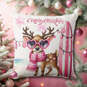 Pink Reindeer with Sunglasses Christmas Throw Pillow