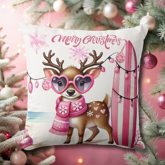 Pink Reindeer with Sunglasses Christmas Throw Pillow (Creator Uploaded)