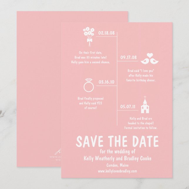 Pink Relationship Timeline Wedding Save the Date Invitation (Front/Back)