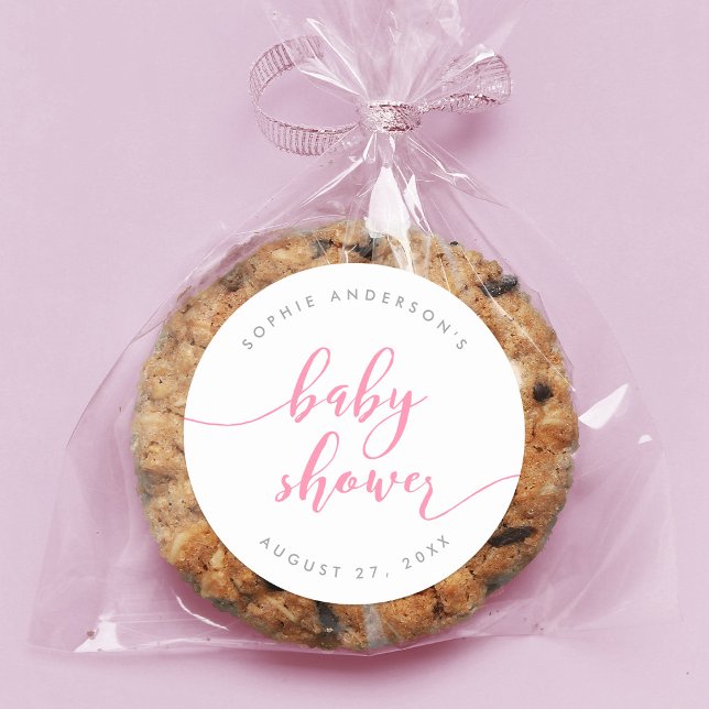 Pink Relax Script Baby Shower Classic Round Sticker (Creator Uploaded)