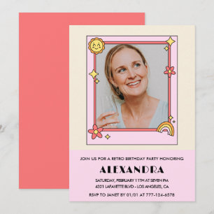 Pink Retro 70s Groovy Photo 54th birthday Invitation