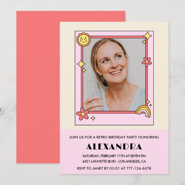  Pink Retro 70s Groovy Photo 62nd birthday Invitation (Front/Back)
