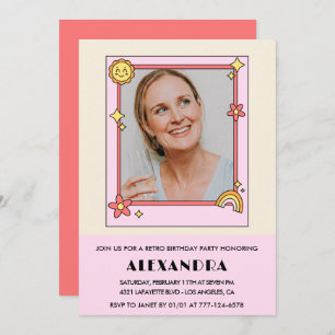  Pink Retro 70s Groovy Photo 69th birthday Invitation