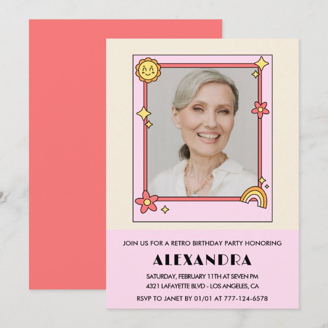  Pink Retro 70s Groovy Photo 82nd birthday Invitation (Front/Back)