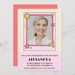  Pink Retro 70s Groovy Photo 83rd birthday Invitation