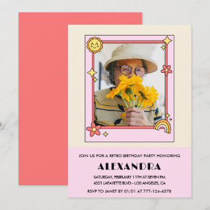  Pink Retro 70s Groovy Photo 96th birthday Invitation