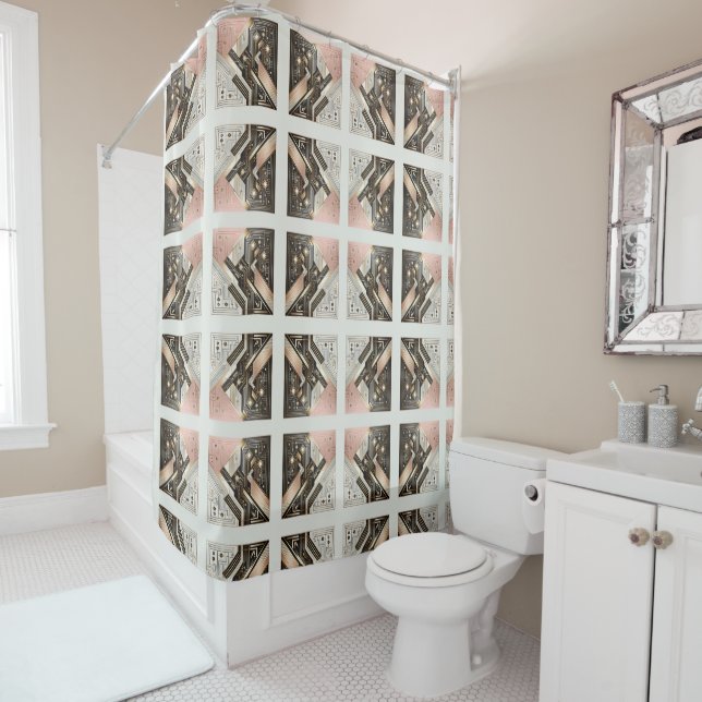Pink Retro Art Deco Shower Curtain (In Situ)